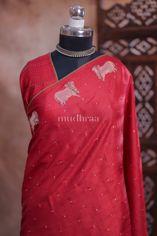 CARMINE RED PICHWAI EMBROIDERED TUSSAR SAREE