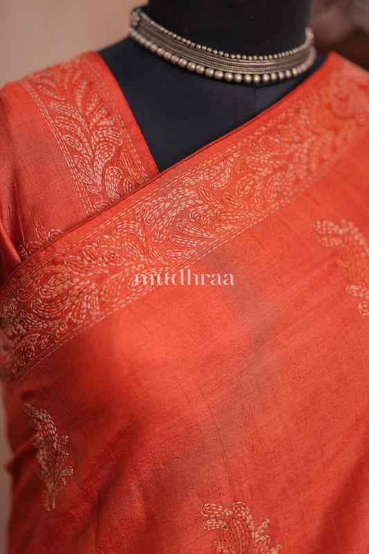TANGERINE KANTHA TUSSAR SAREE
