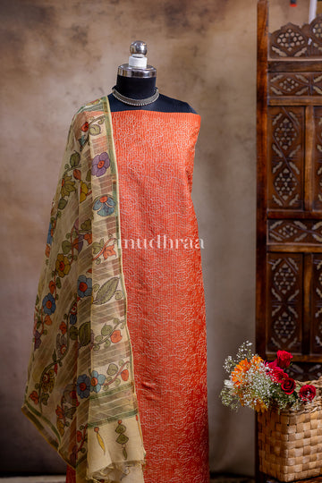 SAFFRON EMBROIDERED KALAMKARI MOONGA SILK SUIT SET