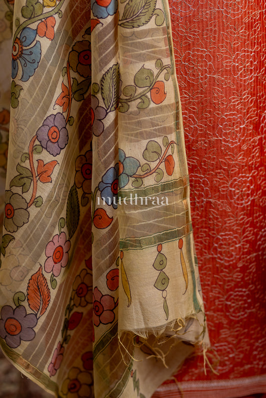 SAFFRON EMBROIDERED KALAMKARI MOONGA SILK SUIT SET