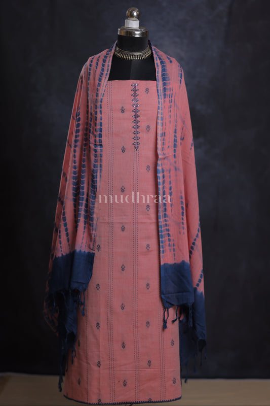 BLUSH PINK & BLUE EMBROIDERED COTTON SUIT SET