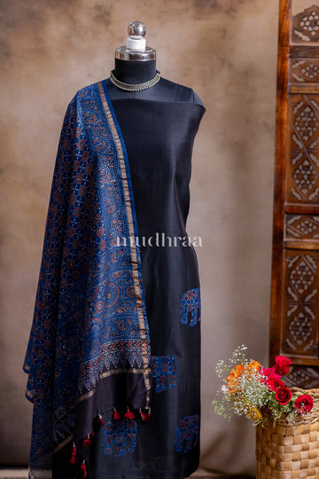 BLACK & BLUE CHANDERI APPLIQUE SUIT SET