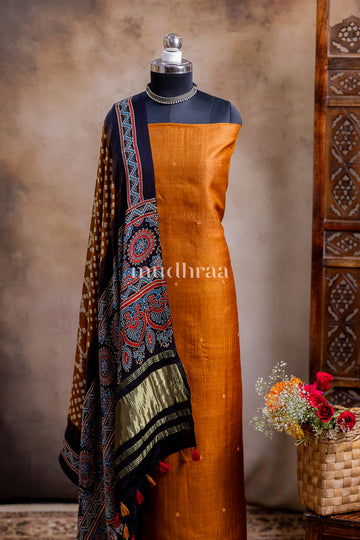 MUSTARD EMBROIDERED TUSSAR SUIT