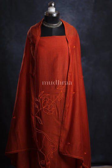 RUST ORANGE MUL CHANDERI EMBROIDERED SUIT SET