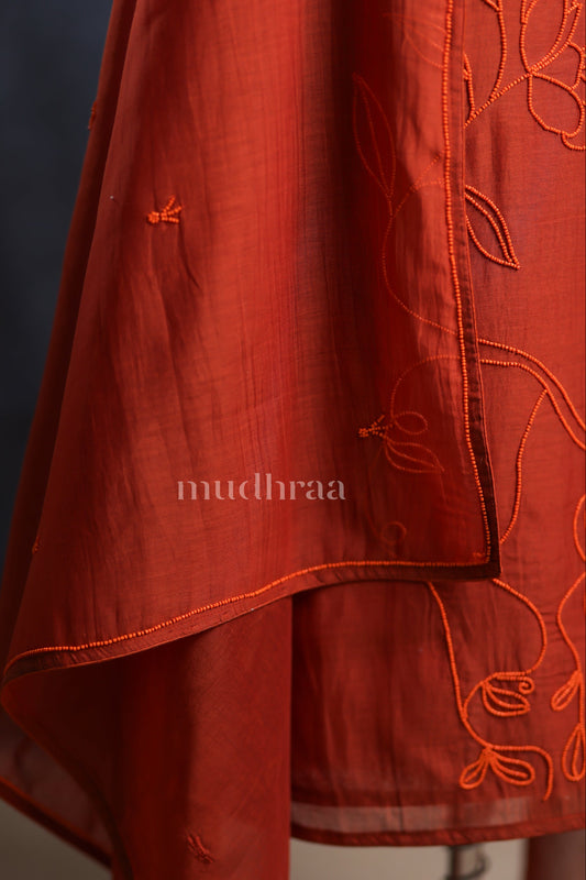 RUST ORANGE MUL CHANDERI EMBROIDERED SUIT SET