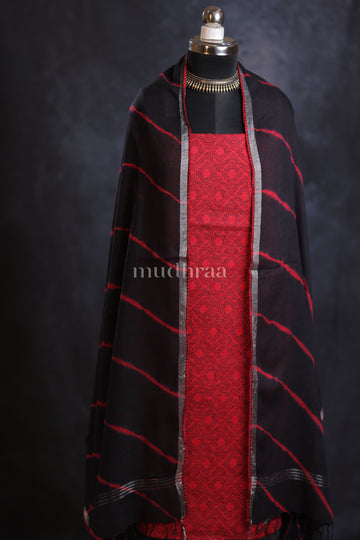 SCARLET RED & BLACK EMBROIDERED LINEN SUIT SET