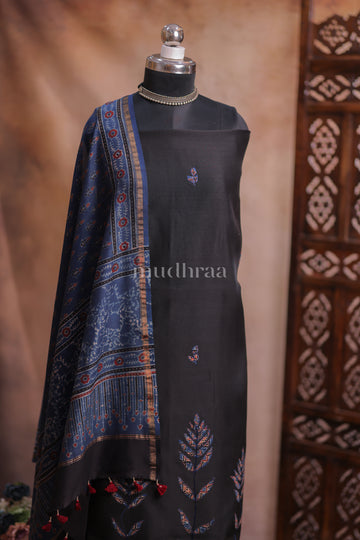 BLACK & BLUE CHANDERI APPLIQUE SUIT SET