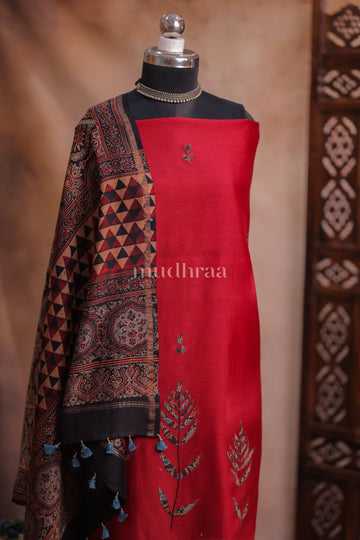 MAROON & BLACK CHANDERI APPLIQUE SUIT SET