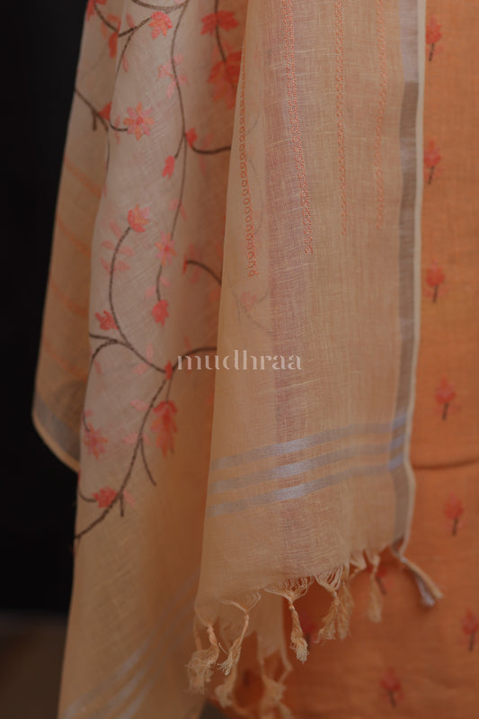 APRICOT EMBROIDERED LINEN SUIT SET