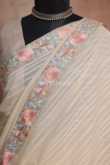 PEARL PARSI EMBROIDERED MUL COTTON SAREE - TUSSAR BLOUSE