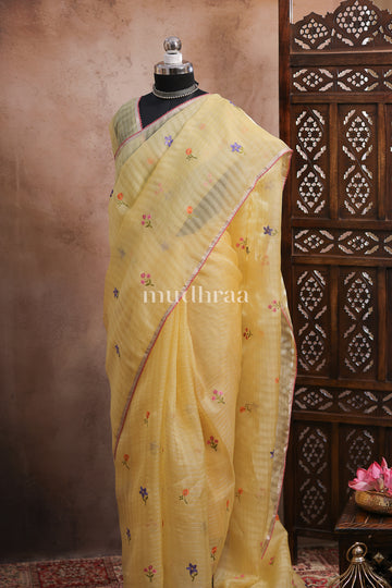PASTEL YELLOW FLORAL EMBROIDERED KORA SILK SAREE