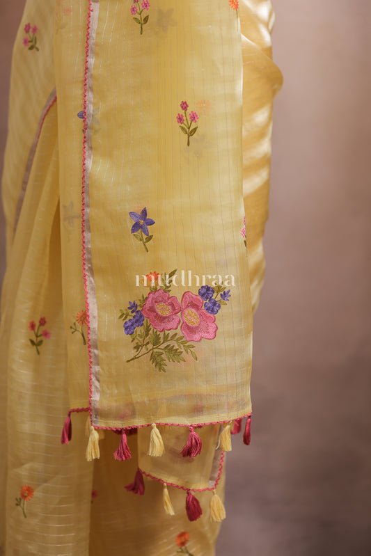 PASTEL YELLOW FLORAL EMBROIDERED KORA SILK SAREE