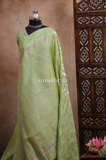 PISTACHIO EMBROIDERED TUSSAR SILK SAREE