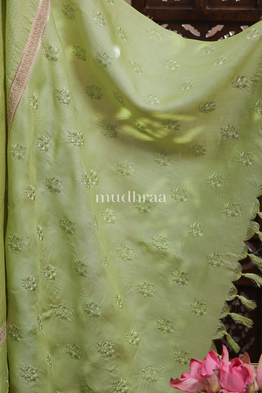 PISTACHIO EMBROIDERED TUSSAR SILK SAREE