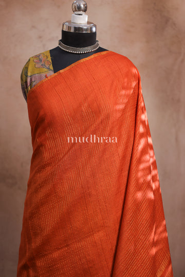 BURNT ORANGE ZARI TUSSAR SAREE - KALAMKARI BLOUSE