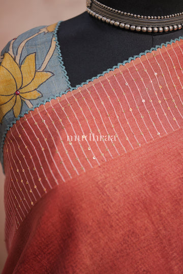 DUSTY ROSE TUSSAR TISSUE SEQUIN SAREE - KALAMKARI BLOUSE