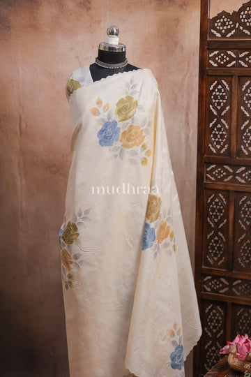 SNOW WHITE HAND-PAINTED TUSSAR SILK SAREE