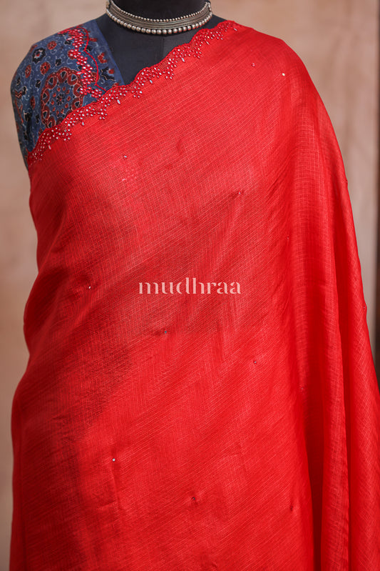 SCARLET MIRROR EMBROIDERED KOTA TUSSAR SAREE