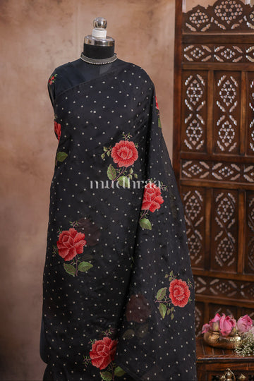 BLACK EMBROIDERED KORA SILK SAREE