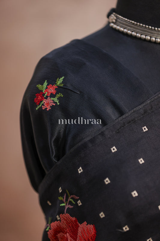 BLACK EMBROIDERED KORA SILK SAREE
