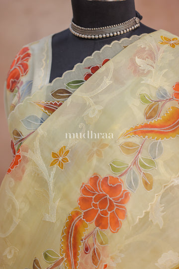 BUTTER YELLOW PEN-KALAMKARI KORA SILK SAREE