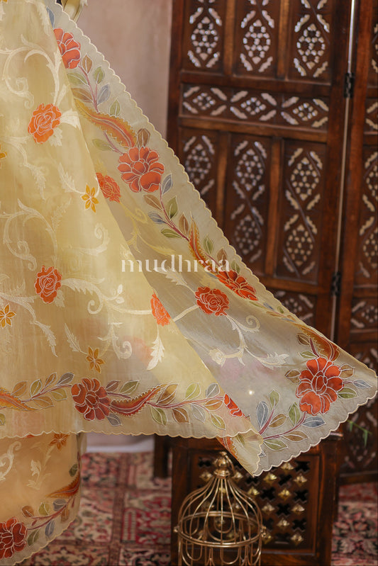 BUTTER YELLOW PEN-KALAMKARI KORA SILK SAREE