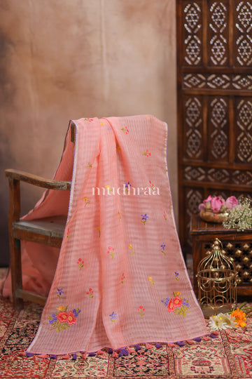 PASTEL PINK FLORAL EMBROIDERED KORA SILK SAREE