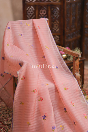 PASTEL PINK FLORAL EMBROIDERED KORA SILK SAREE