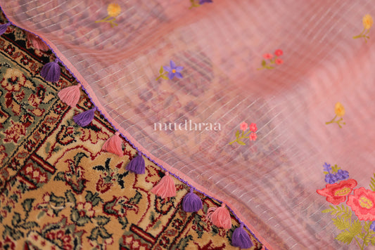 PASTEL PINK FLORAL EMBROIDERED KORA SILK SAREE