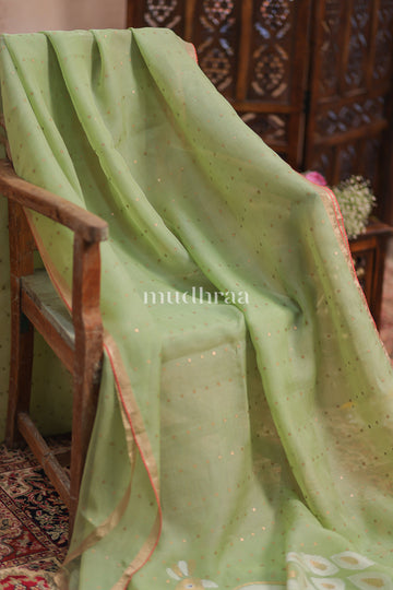 PISTA JAMDANI KORA HANDLOOM SAREE - EMBROIDERED BLOUSE