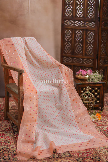 PEACH & WHITE POLKA MUL COTTON SAREE