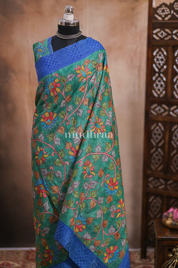 PINE GREEN & BLUE KANTHA KALAMKARI TUSSAR SAREE