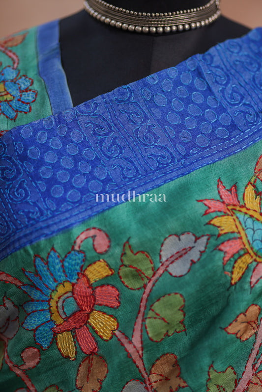 PINE GREEN & BLUE KANTHA KALAMKARI TUSSAR SAREE