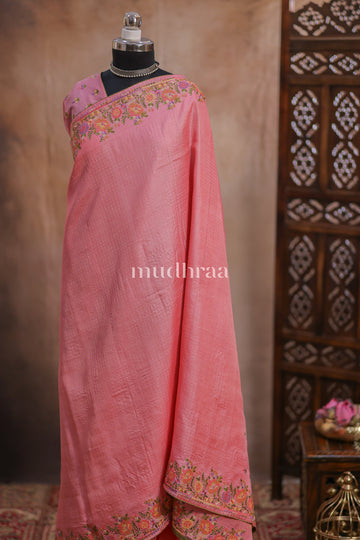 BUBBLEGUM PINK EMBROIDERED TUSSAR SAREE