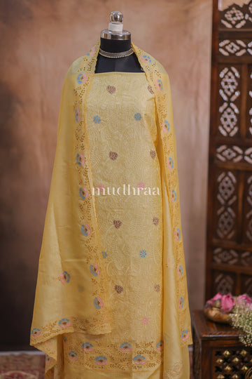 PASTEL YELLOW CUT WORK TUSSAR SUIT SET