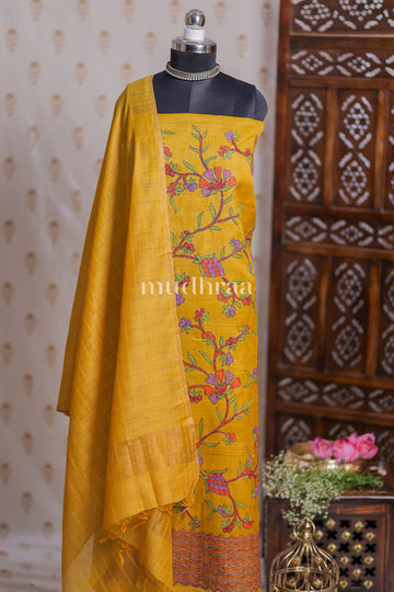 MUSTARD YELLOW KANTHA TUSSAR SUIT SET