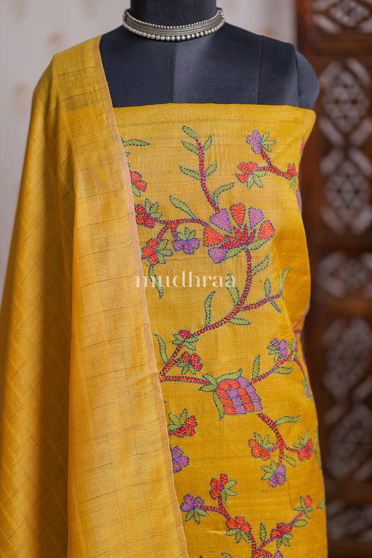 MUSTARD YELLOW KANTHA TUSSAR SUIT SET