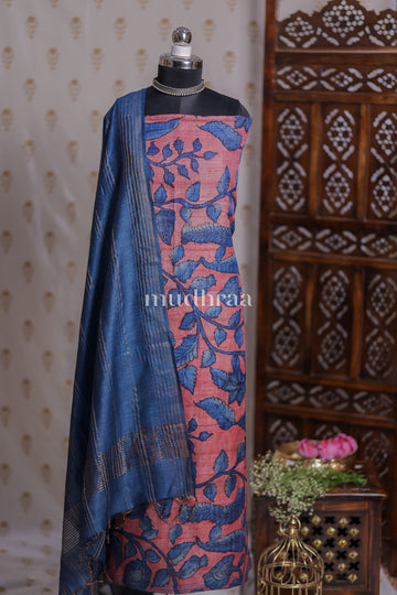 PINK & COBALT PEN-KALAMKARI TUSSAR SUIT SET