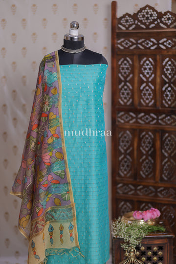 AQUA BLUE CHANDERI KALAMKARI SUIT SET