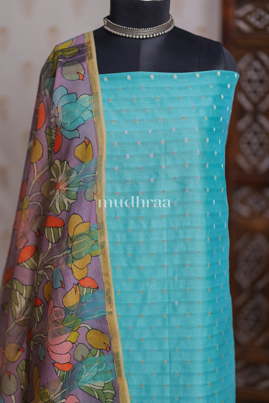 AQUA BLUE CHANDERI KALAMKARI SUIT SET