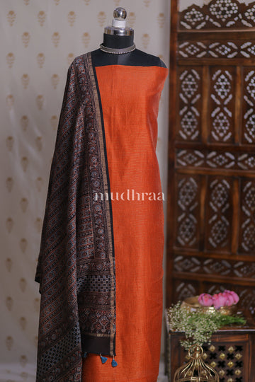 RUST ORANGE ZARI-CHECKED AJRAKH CHANDERI SUIT
