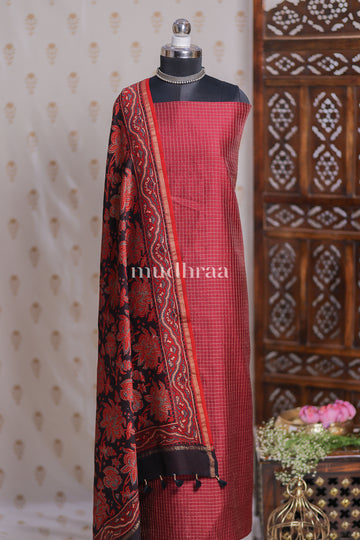 MAROON ZARI-CHECKED AJRAKH TUSSAR SUIT