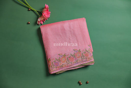 BUBBLEGUM PINK EMBROIDERED TUSSAR SAREE