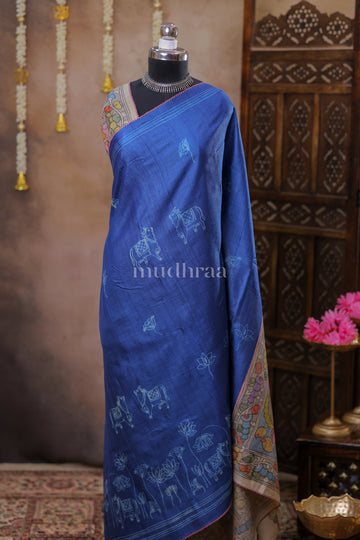 INDIGO HANDMADE SHIBORI-MADHUBANI TUSSAR SAREE