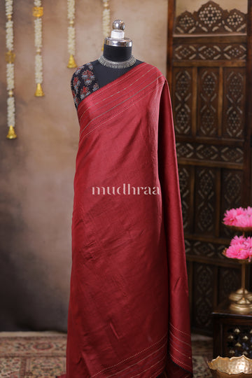 CRIMSON & COAL HAND-KANTHA TUSSAR SAREE