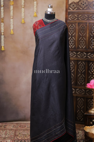 COAL & GARNET HAND-KANTHA TUSSAR SAREE