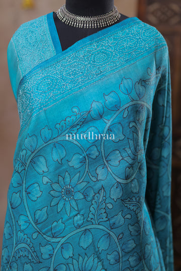 TURQUOISE KALAMKARI CHIKANKARI TUSSAR SAREE