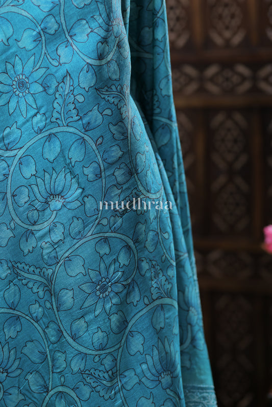 TURQUOISE KALAMKARI CHIKANKARI TUSSAR SAREE