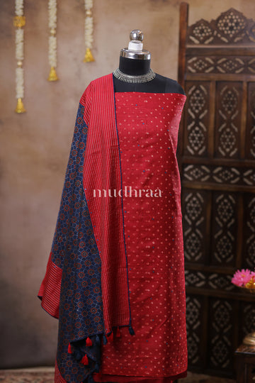CRIMSON BANDHANI AJRAKH TUSSAR SUIT