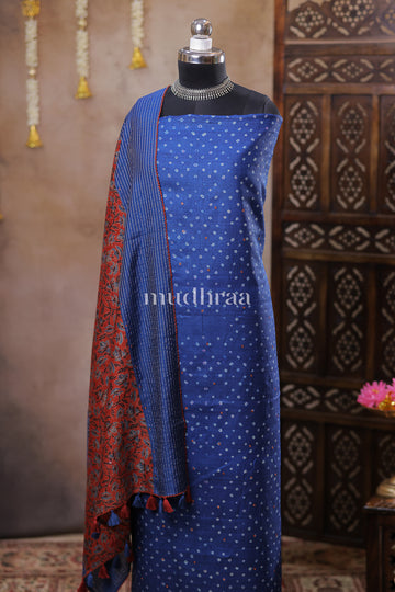 ROYAL BLUE BANDHANI AJRAKH TUSSAR SUIT